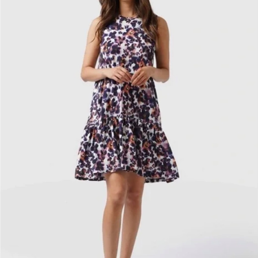 Saint + Sofia -sleeveless ruffle dress, jersey, blue animal print. NWOT. Sz 14